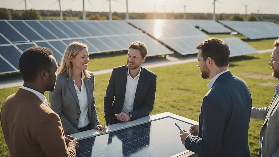 A diverse group of people discussing plans at a renewable energy provider office, surrounded by solar panels and wind turbine models.