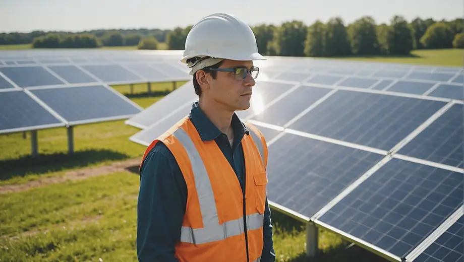 A person in a hard hat inspects solar panels at a clean energy facility, surrounded by bright blue skies and green fields.