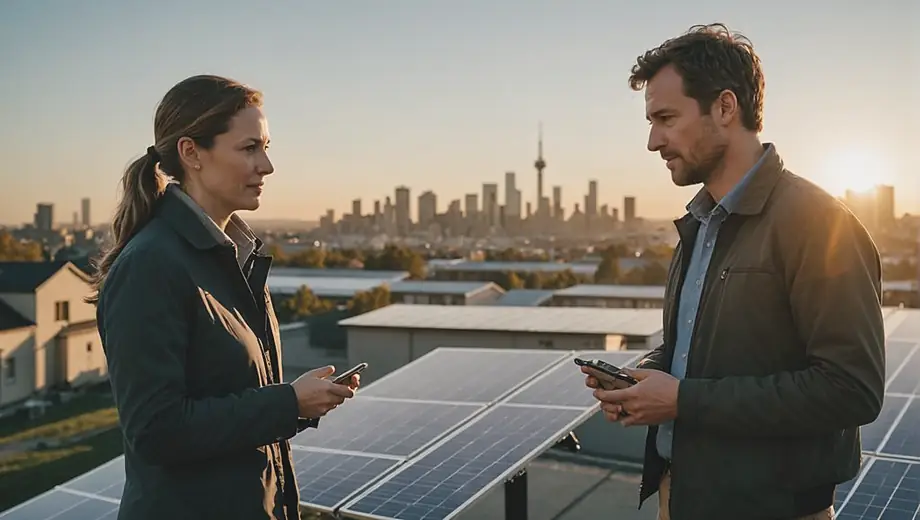 A customer discusses sustainable power solutions with a professional on-site, examining solar panels and energy-efficient equipment in a bright outdoor setting.