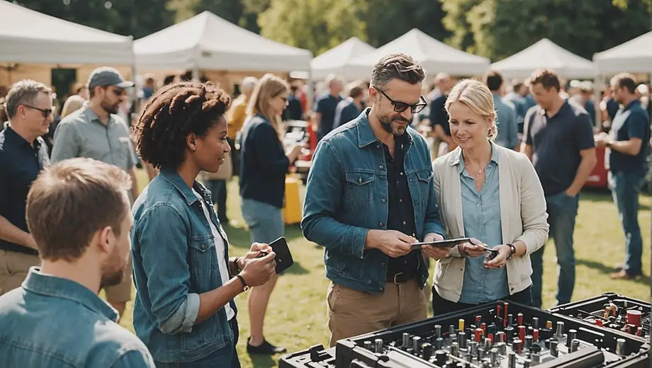 A diverse group of people discussing and reviewing equipment rental options at a busy outdoor event, surrounded by various tools and machinery.
