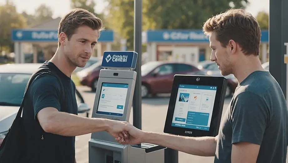 A person stands next to a car rental kiosk, reviewing options on a digital screen while holding a set of keys.