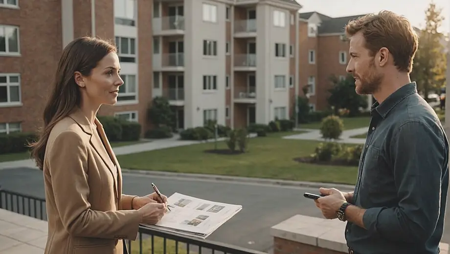 A customer and a professional discuss property rental options on-site, with a backdrop of a well-maintained apartment building. The customer appears engaged, while the professional gestures towards the property, highlighting its features.