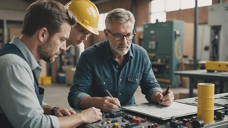 A customer discusses repair options with a professional on site, examining equipment and reviewing plans together.