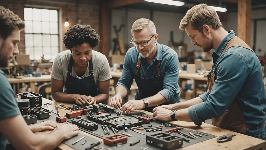A diverse group of people collaborating in a workshop, actively engaged in a repair service, fixing various items and sharing tools.