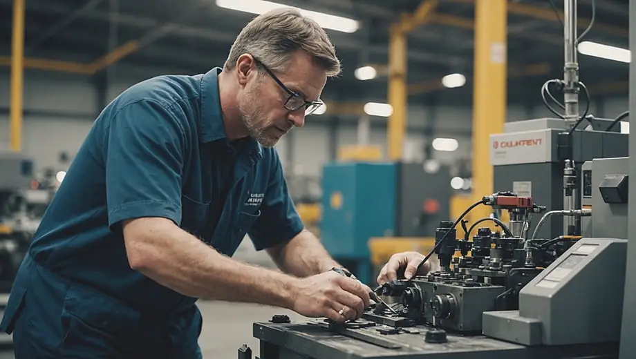 A technician performing maintenance service on industrial equipment at a manufacturing facility.