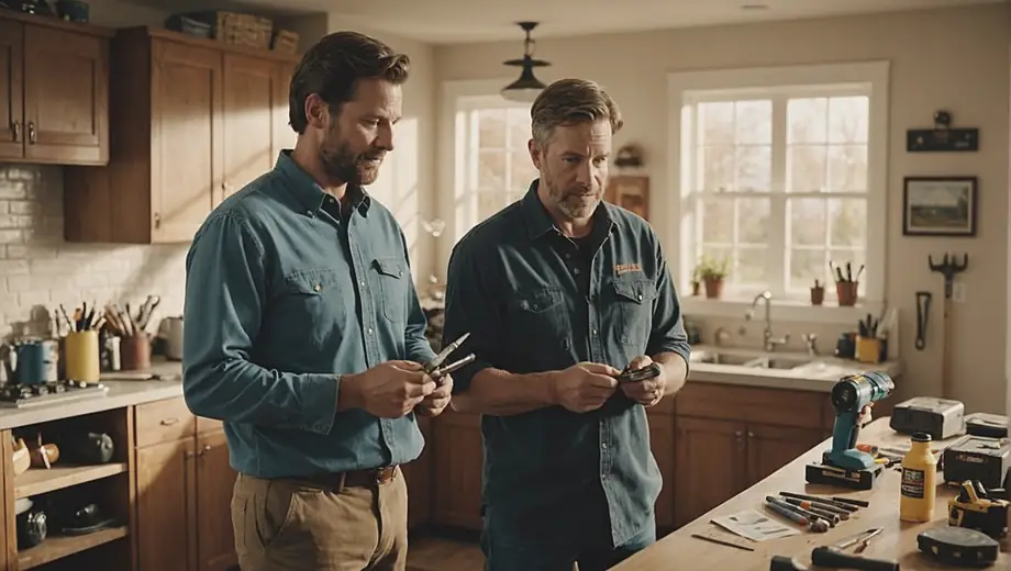 A customer discusses their home repair needs with a professional from a fix-it company, both standing in a well-lit living room surrounded by tools and materials.