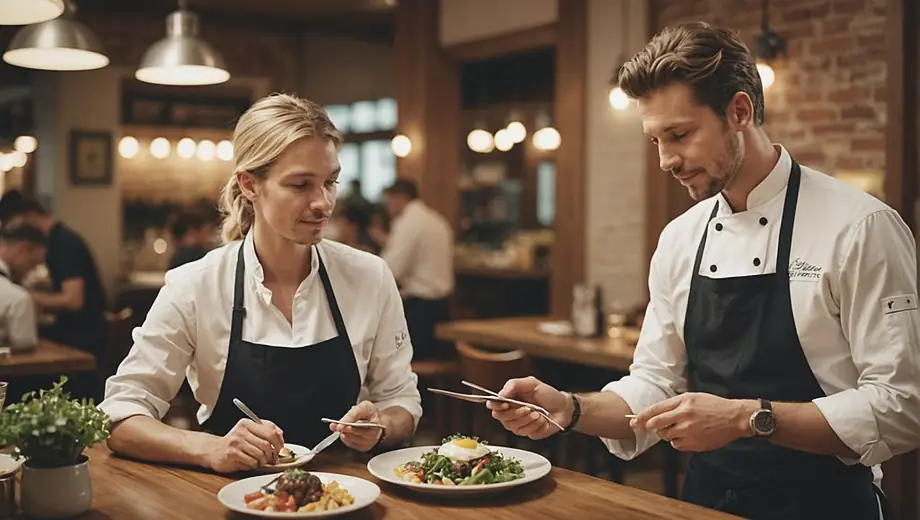A customer and a professional chef discuss the menu at a bustling restaurant, surrounded by vibrant decor and the aroma of freshly prepared dishes.
