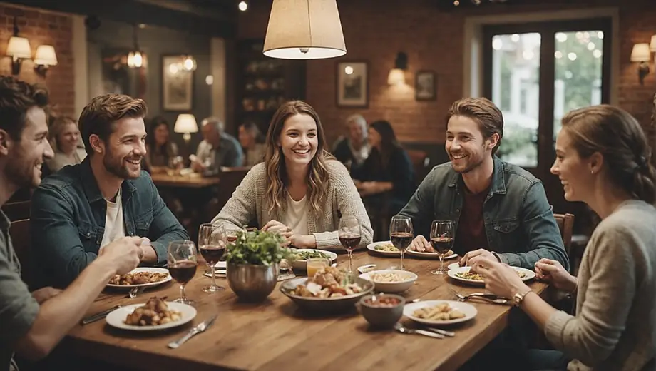 A group of friends enjoying a meal together at a cozy dining establishment, laughing and sharing stories around a beautifully set table.