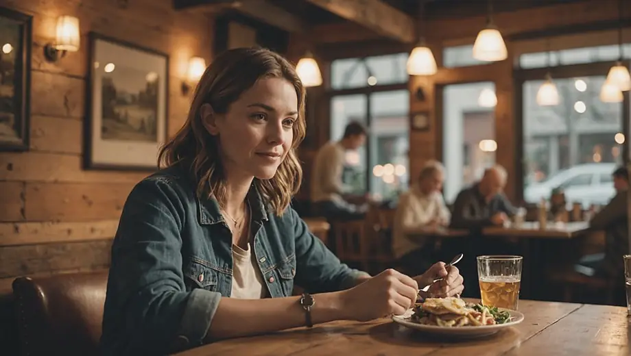 A person enjoying a meal at a cozy eatery, surrounded by warm lighting and rustic decor.