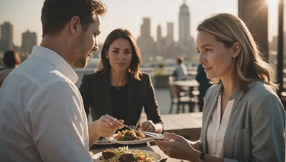 A customer discusses menu options with a professional food service representative on-site, showcasing a collaborative approach to catering needs.
