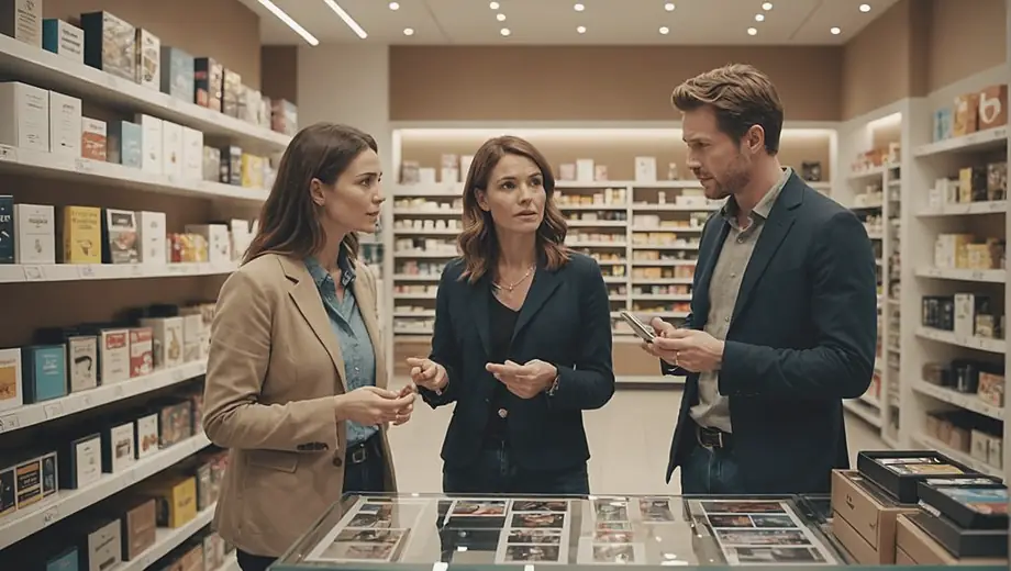 A customer and a professional engage in a discussion at a retail store, surrounded by various products on display. The professional gestures towards an item, while the customer looks intrigued and attentive.