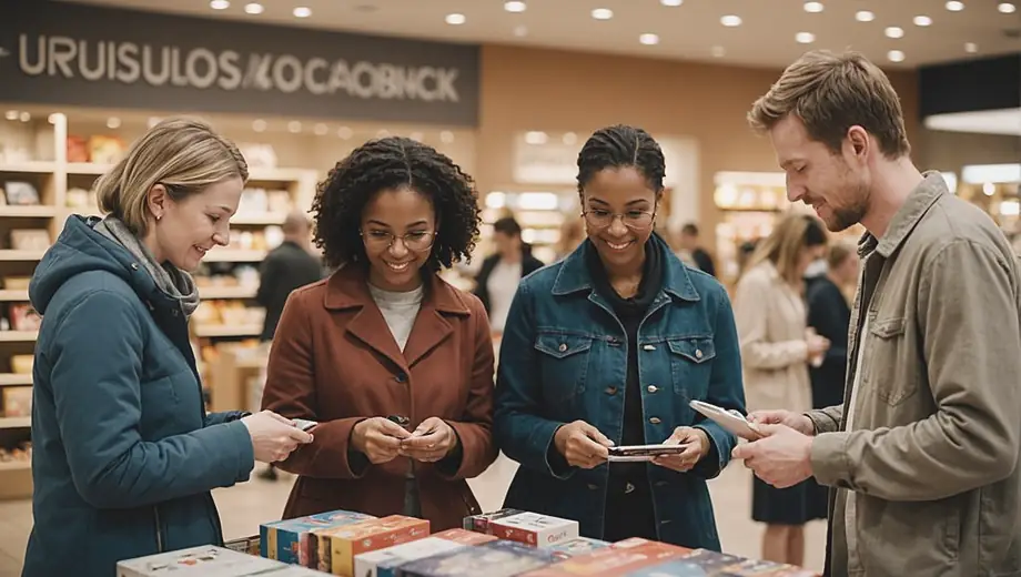 A diverse group of shoppers explores a vibrant retail store, examining products on display while interacting with friendly staff.
