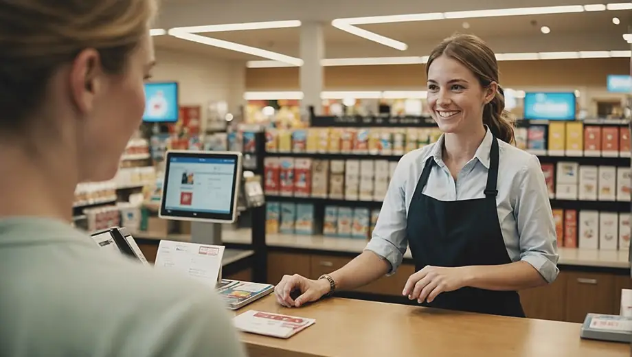 A retail chain employee stands behind the counter, assisting a customer with a smile in a brightly lit store filled with merchandise.