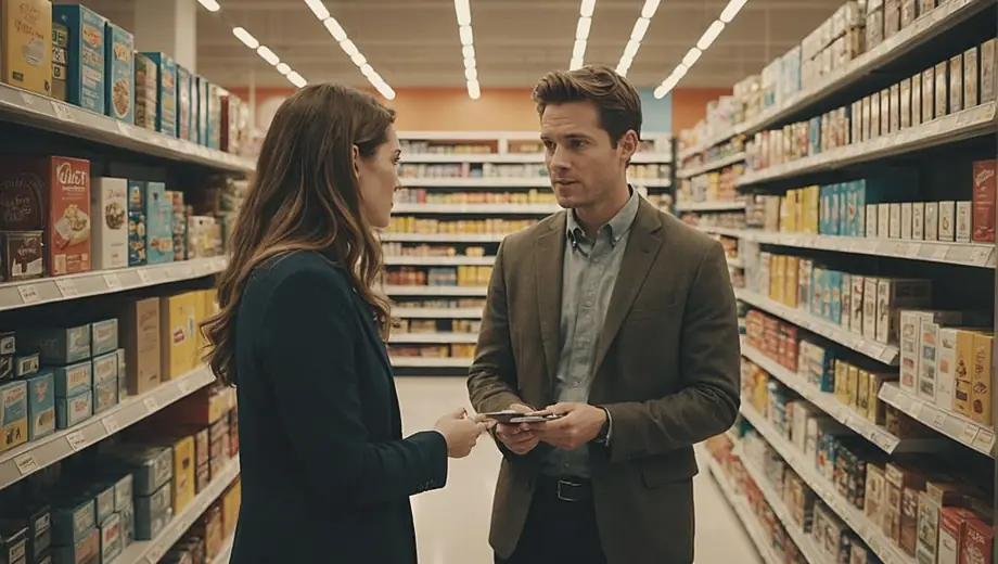 A retailer representative and a professional discuss product placement in a well-lit store aisle, surrounded by neatly arranged merchandise.