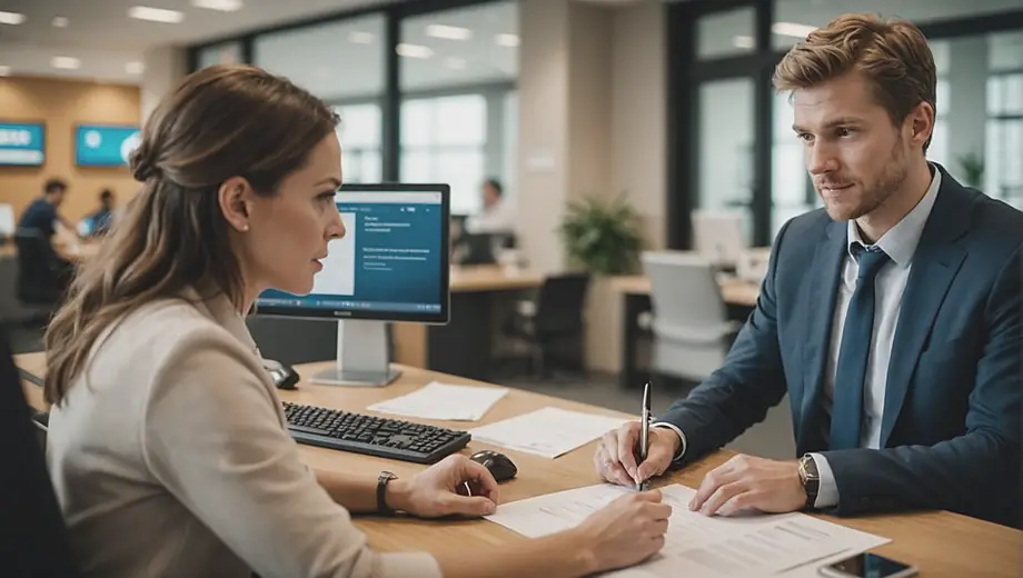 A customer and a professional engage in a discussion at a retail banking branch, with financial documents and a computer in the background, highlighting personalized service and support.