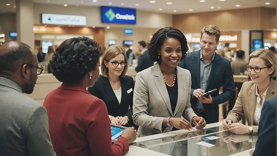A diverse group of people interacting with a retail bank, discussing financial services at a counter while a bank representative assists them.