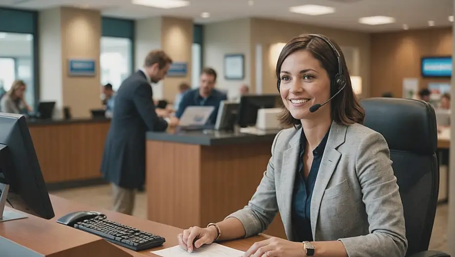 A customer service representative at a consumer bank assists a client at the front desk, providing personalized financial advice in a welcoming environment.