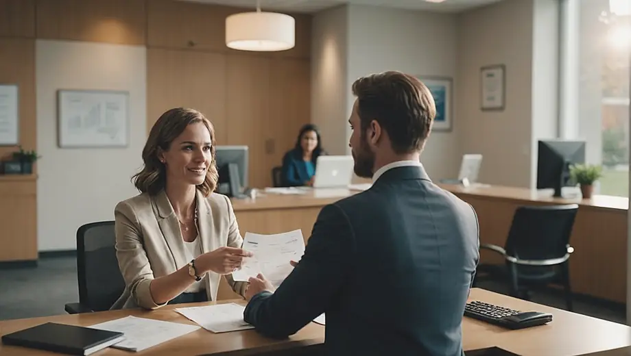 A customer and a banking professional engage in a discussion at a personal banking office, with financial documents and a computer in the background, highlighting a personalized service experience.