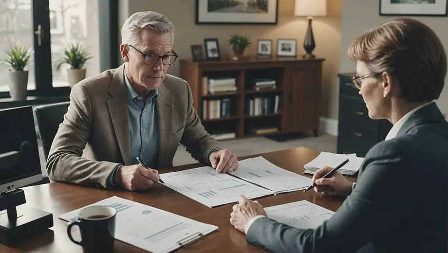 A customer and a financial professional discuss retirement planning at a cozy office, surrounded by charts and documents. The professional gestures towards a retirement savings plan while the customer listens attentively, taking notes.