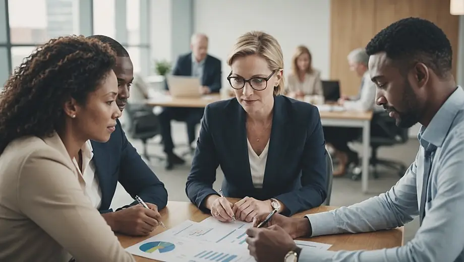 A diverse group of professionals engaged in a discussion about pension consulting, analyzing charts and documents in a modern office setting.