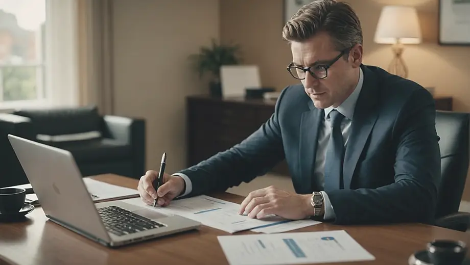 A financial planner sitting at a desk, reviewing documents and using a laptop to assist a client with financial planning strategies.
