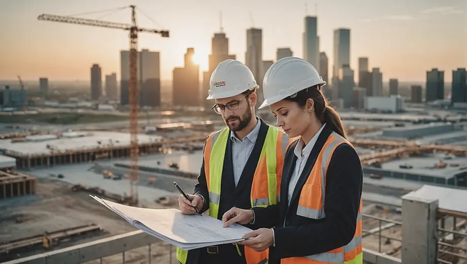 A customer and a financial professional discuss 401k management strategies at a construction site, reviewing documents and analyzing investment options together.