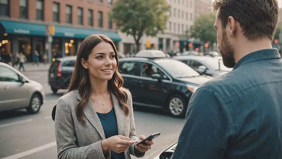 A customer and a professional discuss ride-sharing options at a busy urban location, with a ride-sharing vehicle parked nearby.