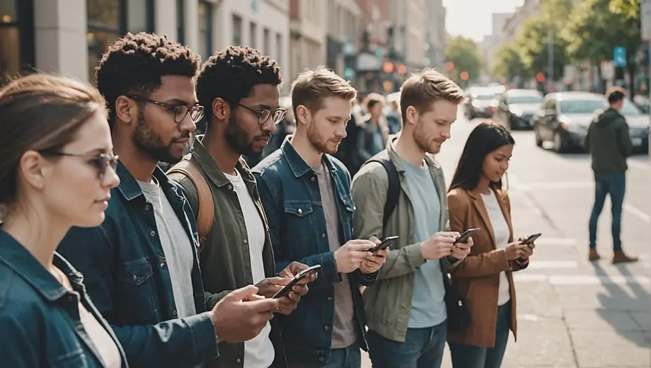 A diverse group of people waiting on a busy street, using their smartphones to book a ride-hailing service as cars pass by in the background.