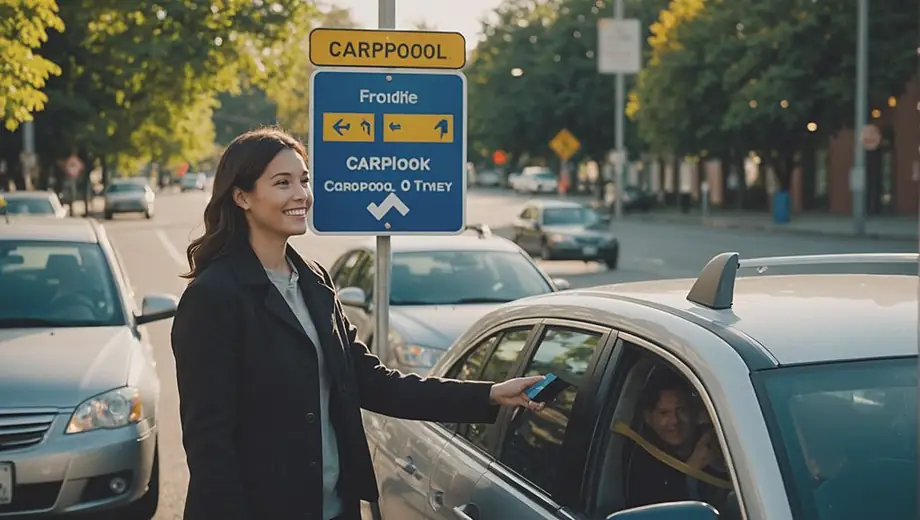 A person stands next to a carpooling sign, smiling as they prepare to share a ride with others.