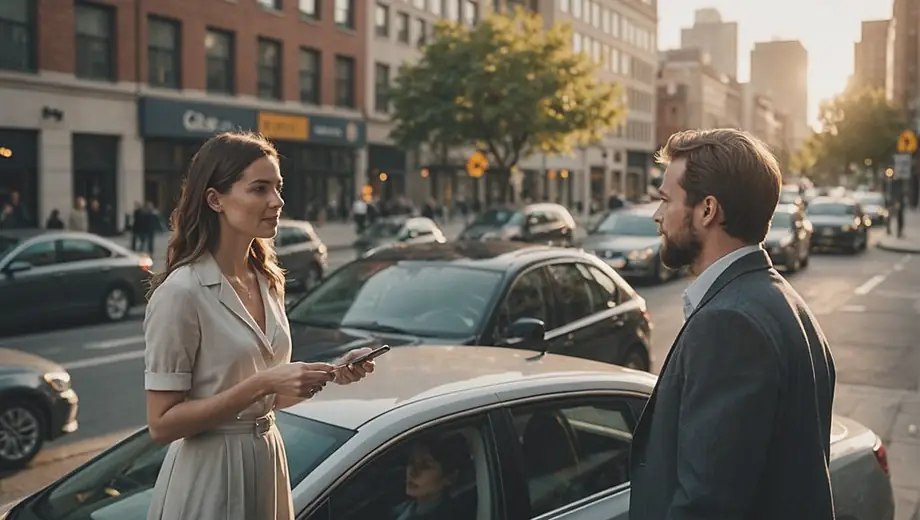 A customer and a professional discuss details about shared rides at a bustling urban location, with vehicles and city life in the background.