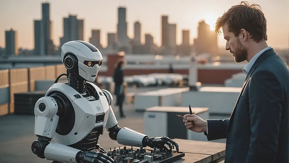 A customer and a professional discuss robotics solutions on-site, with advanced robotic equipment in the background, showcasing innovative technology in action.