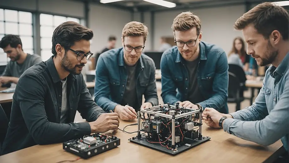A diverse group of engineers collaborating in a robotics company, surrounded by advanced robotic prototypes and technology equipment.