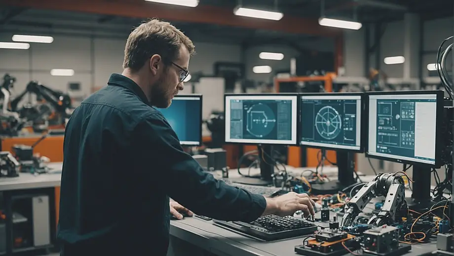 A technician stands in a modern workshop, examining advanced robotics solutions on a computer screen while surrounded by various robotic components and tools.