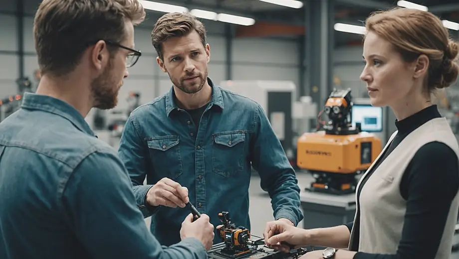 A customer and a professional discuss automation robotics on-site, examining advanced robotic equipment and its applications in an industrial setting.