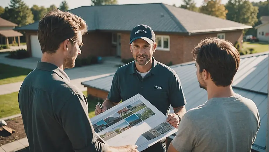 A customer discusses roofing options with a professional on-site, examining materials and plans while standing next to a partially completed roof.