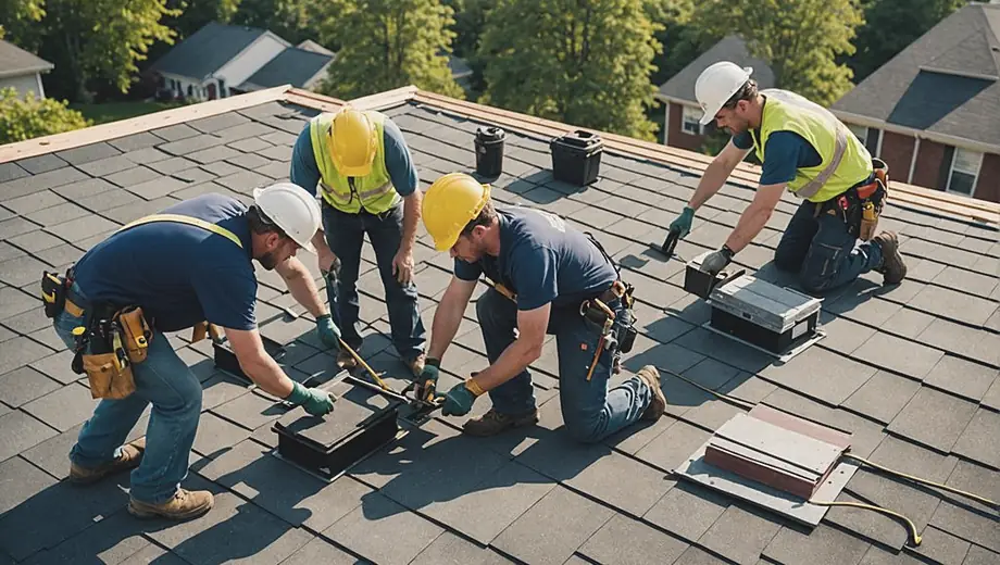 A group of roofing contractors working together on a residential roof, carefully installing shingles while using safety equipment and tools.