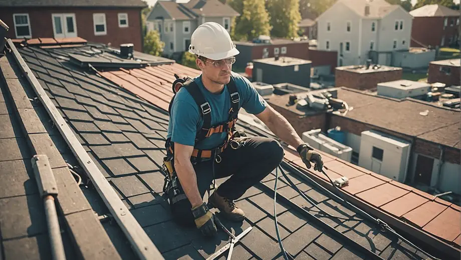 A person wearing a safety harness is inspecting a roof for repairs, surrounded by tools and materials needed for roof repair.