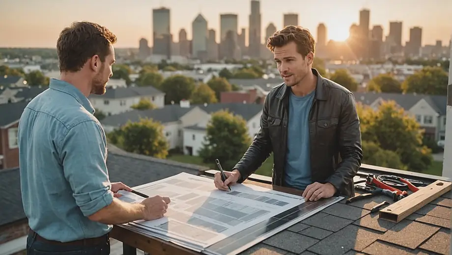 A customer discusses roofing options with a professional from a roofing company at a residential property, surrounded by roofing materials and tools.