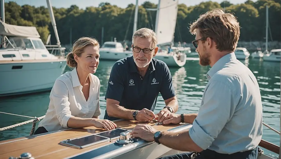 A customer and a professional instructor engage in a hands-on sailing lesson at a vibrant sailing school, surrounded by boats and the sparkling water.