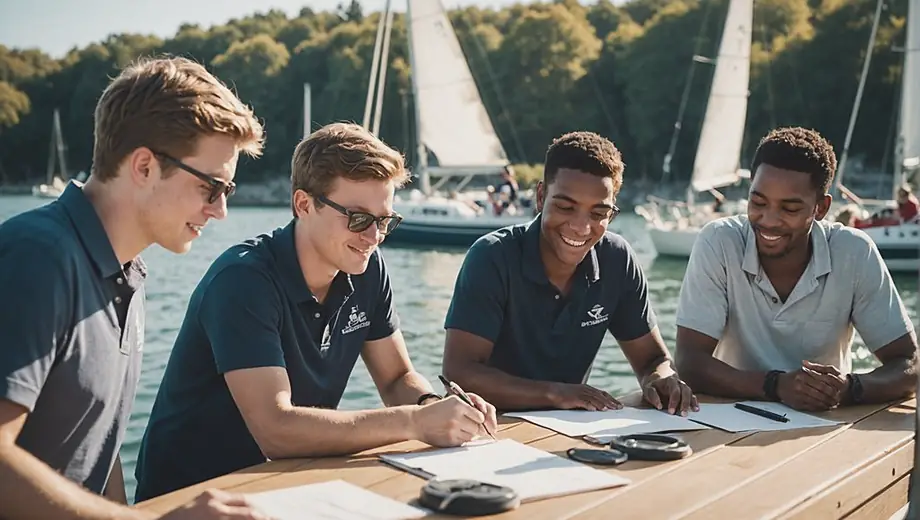 A diverse group of students engaged in hands-on training at a sailing school, learning to navigate and operate sailboats on a sunny day.