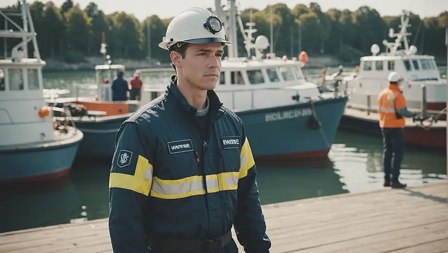 A person in maritime training gear stands on a dock, focused on a safety drill with boats and equipment in the background.