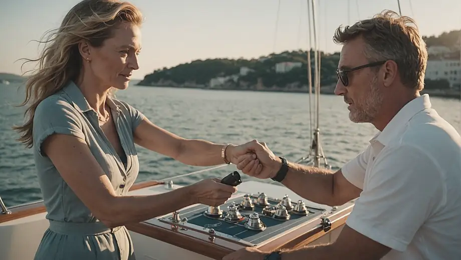 A customer and a professional instructor on a yacht, engaged in hands-on yacht instruction, with the ocean in the background and safety equipment visible.