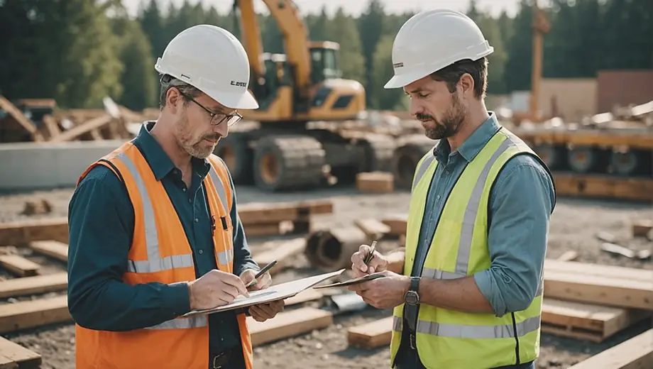 A customer and a professional discuss salvage options on-site, examining materials and assessing potential for reuse in a construction project.