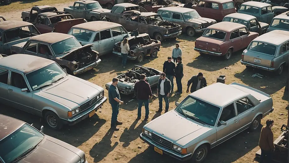 A diverse group of people exploring a salvage yard, examining various car parts and vintage items scattered among the rows of vehicles.