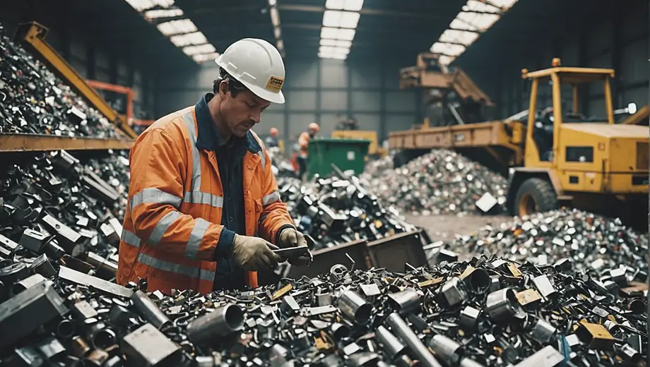 A worker at a scrap recovery facility inspects metal materials, surrounded by piles of recyclable scrap, focused on sorting and processing for reuse.