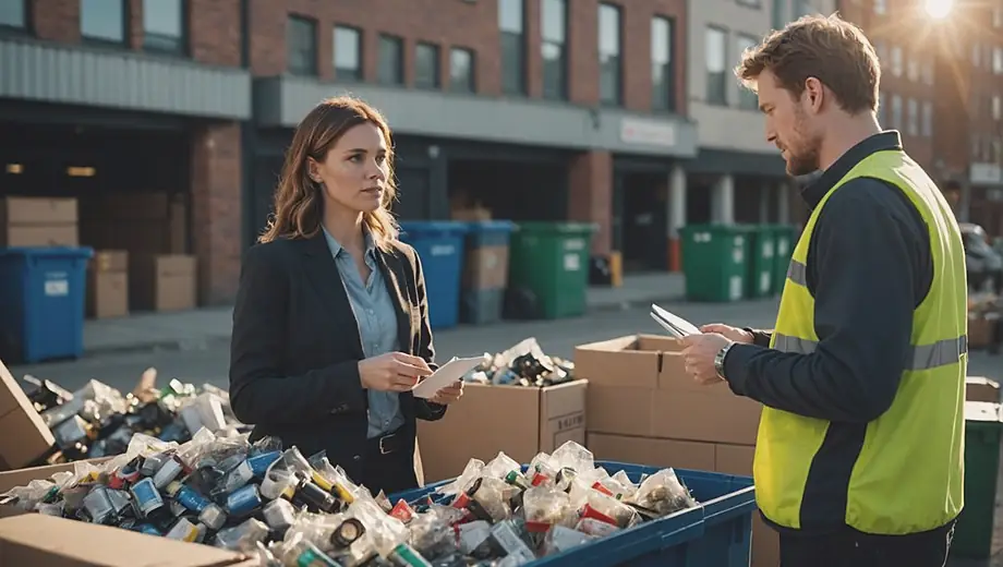 A customer and a professional discuss the sorting of recyclables on site, surrounded by bins filled with various recyclable materials.