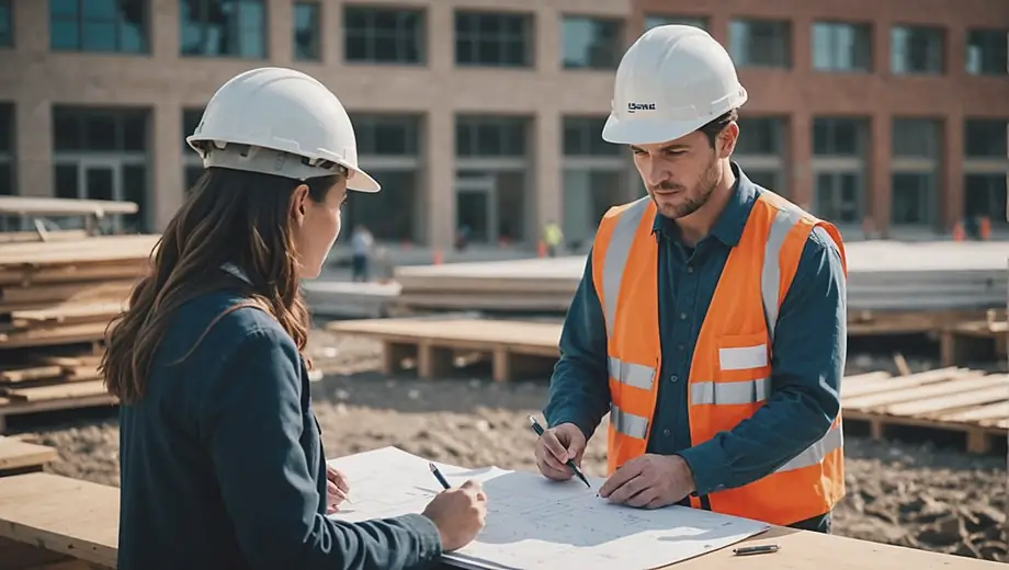A customer and a professional discuss plans for a new school building on-site, surrounded by construction materials and blueprints.