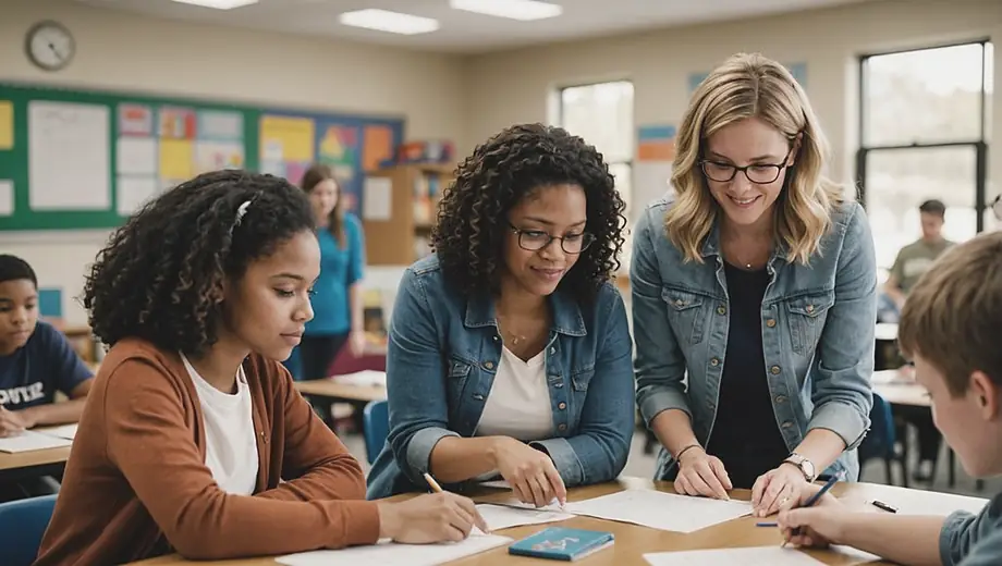 A diverse group of students and teachers collaborating in a classroom within a school district, engaged in a hands-on learning activity.