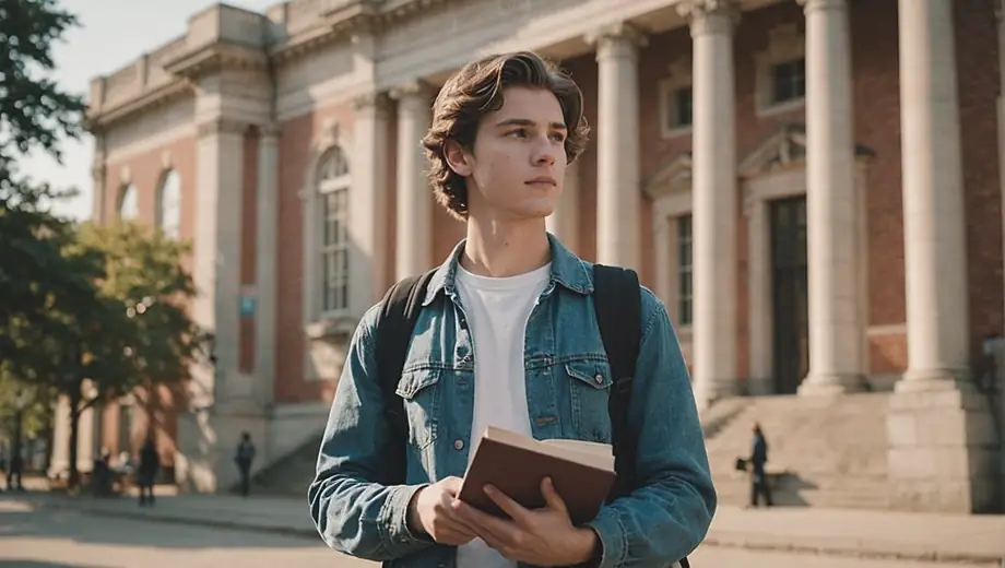 A student stands in front of a historic educational institution, holding books and looking thoughtfully at the building's architecture.