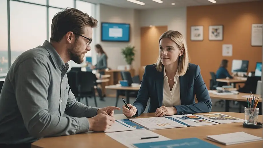 A customer and a professional engage in a discussion at a learning center, surrounded by educational materials and interactive displays, highlighting a collaborative learning environment.